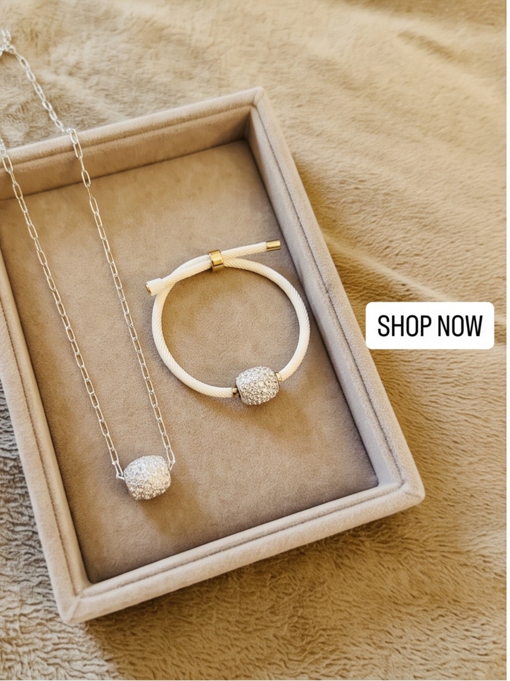 White and Silver Pavé Charm Necklace & Bracelet Set